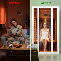 2 Person Extendable FAR Infrared Sauna for Home, Hemlock Wood Low EMF 6 Carbon Heaters Indoor Saunas with LED Lights, Bluetooth Speaker, Digital Control Panel, and Seating Bench — Before & After