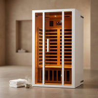 2 Person Extendable FAR Infrared Sauna for Home, Hemlock Wood Low EMF 6 Carbon Heaters Indoor Saunas with LED Lights, Bluetooth Speaker, Digital Control Panel, and Seating Bench — Studio Shot
