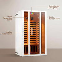 2 Person Extendable FAR Infrared Sauna for Home, Hemlock Wood Low EMF 6 Carbon Heaters Indoor Saunas with LED Lights, Bluetooth Speaker, Digital Control Panel, and Seating Bench — infographic