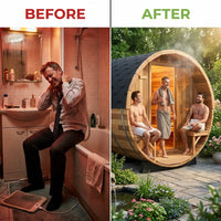 6-Person Patchworkred Cedar Traditional Steam Barrel Sauna — Before & After