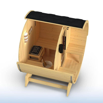 Outdoor Indoor Finland Pine Wet Dry Barrel Sauna 3-5 Person Front Porch Canopy 4.5 Kw ETL Certified Bitumen Shingle Roof