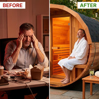 Traditional Barrel Sauna Designed for Ultimate Relaxation, 6-Person Capacity, Patchwork Red Cedar, Steam Heat — Before & After