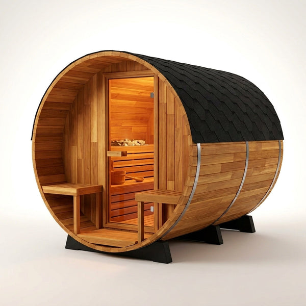 Traditional Barrel Sauna Designed for Ultimate Relaxation, 6-Person Capacity, Patchwork Red Cedar, Steam Heat — Studio Shot