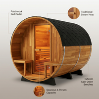 Traditional Barrel Sauna Designed for Ultimate Relaxation, 6-Person Capacity, Patchwork Red Cedar, Steam Heat — infographic