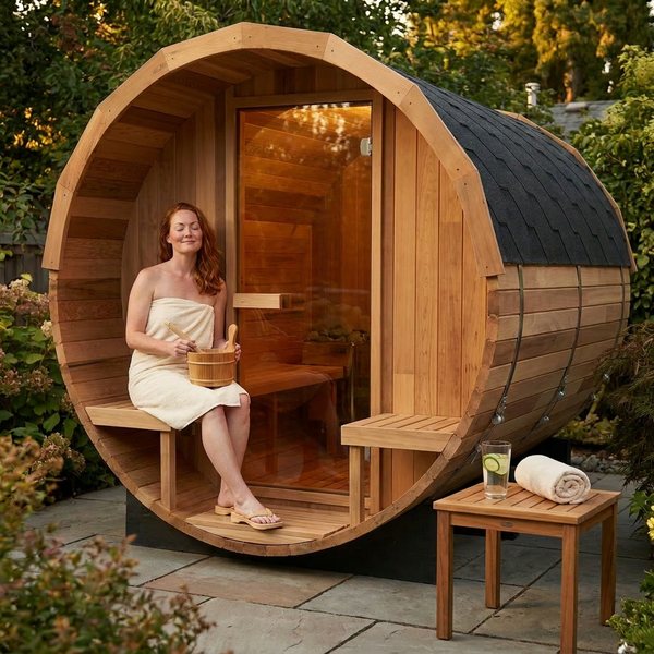 Traditional Barrel Sauna Designed for Ultimate Relaxation, 6-Person Capacity, Patchwork Cedar, Steam Heat