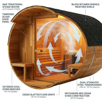 Traditional Barrel Sauna Designed for Ultimate Relaxation, 6-Person Capacity, Patchwork Red Cedar, Steam Heat — How It Works